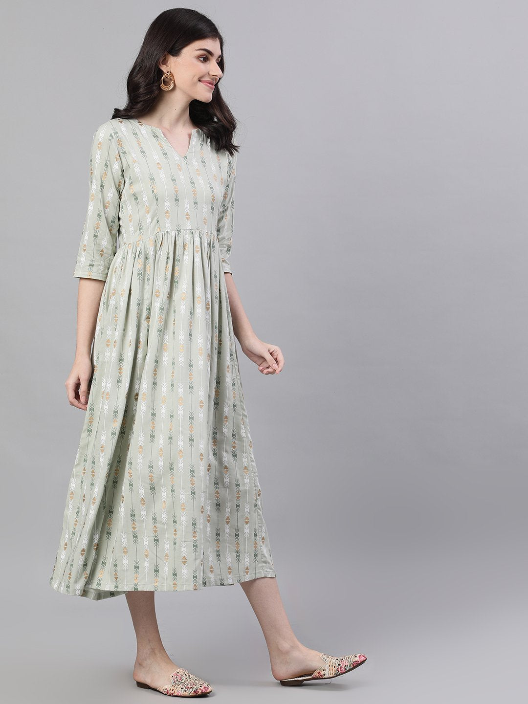 Women Sage Green Geometric Printed V-Neck Viscose Rayon Fit And Flare Dress | LASVINI - Redefining Indian Fashion with Elegance