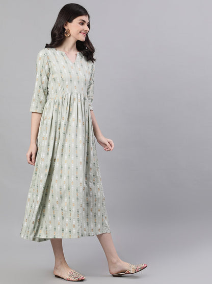 Women Sage Green Geometric Printed V-Neck Viscose Rayon Fit And Flare Dress | LASVINI - Redefining Indian Fashion with Elegance