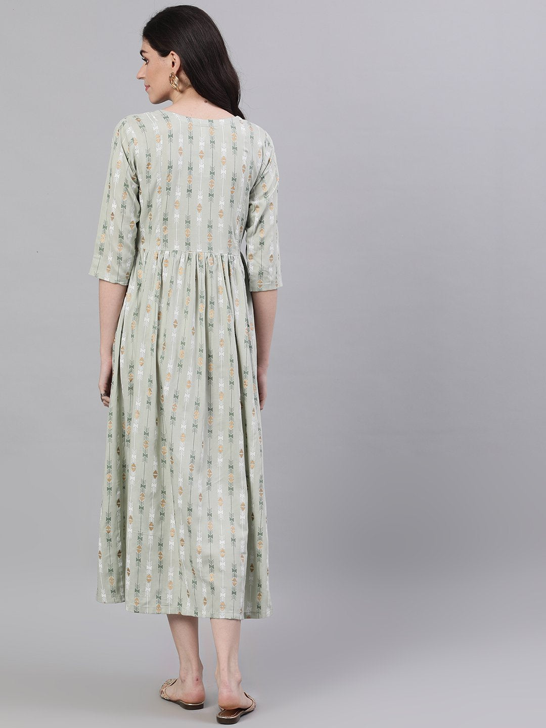 Women Sage Green Geometric Printed V-Neck Viscose Rayon Fit And Flare Dress | LASVINI - Redefining Indian Fashion with Elegance