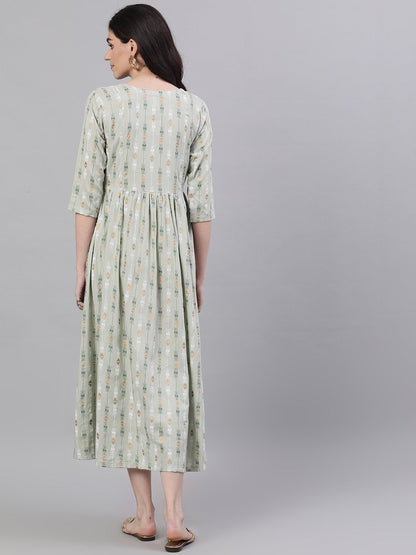Women Sage Green Geometric Printed V-Neck Viscose Rayon Fit And Flare Dress | LASVINI - Redefining Indian Fashion with Elegance