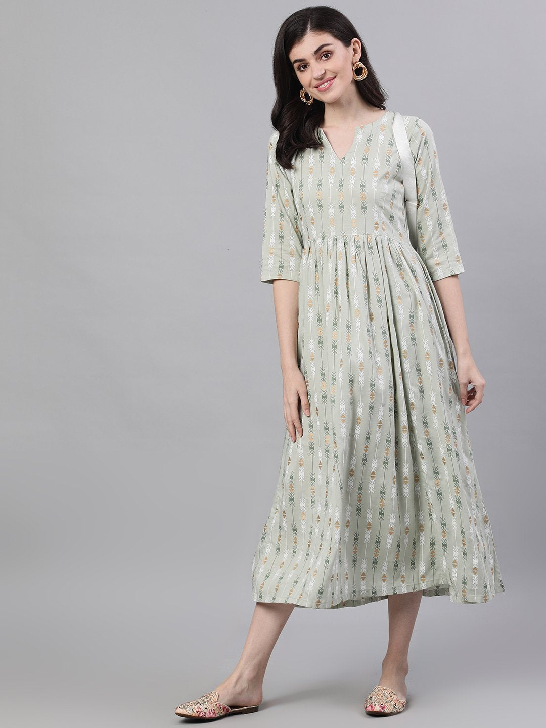 Women Sage Green Geometric Printed V-Neck Viscose Rayon Fit And Flare Dress | LASVINI - Redefining Indian Fashion with Elegance