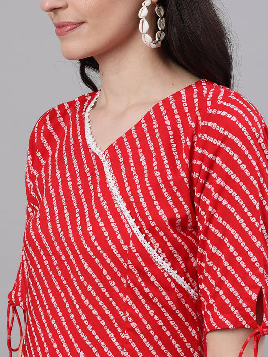 Women Red Striped Striped V-Neck Viscose Rayon A-Line Dress | LASVINI - Redefining Indian Fashion with Elegance