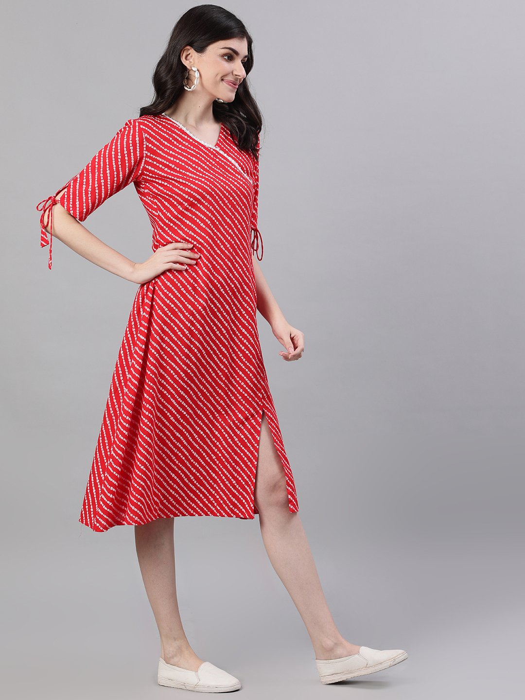 Women Red Striped Striped V-Neck Viscose Rayon A-Line Dress | LASVINI - Redefining Indian Fashion with Elegance