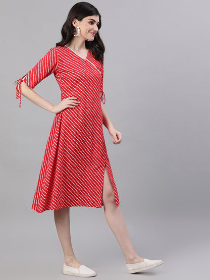 Women Red Striped Striped V-Neck Viscose Rayon A-Line Dress | LASVINI - Redefining Indian Fashion with Elegance