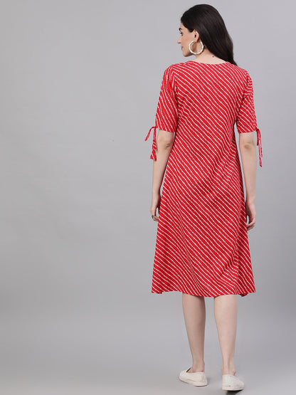 Women Red Striped Striped V-Neck Viscose Rayon A-Line Dress | LASVINI - Redefining Indian Fashion with Elegance