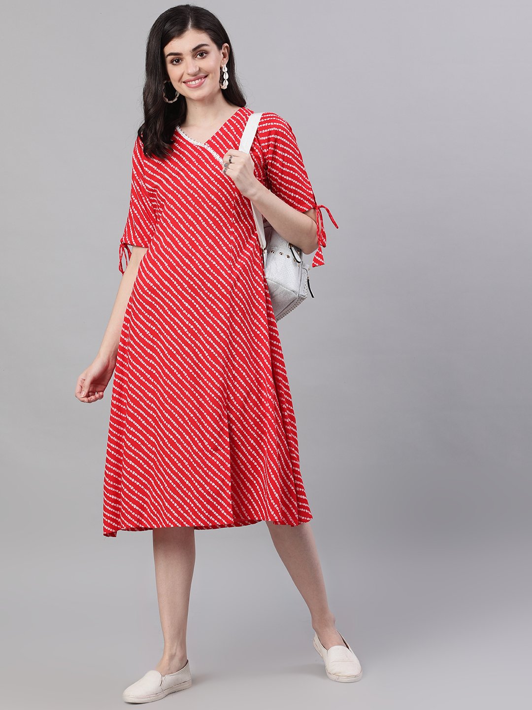 Women Red Striped Striped V-Neck Viscose Rayon A-Line Dress | LASVINI - Redefining Indian Fashion with Elegance