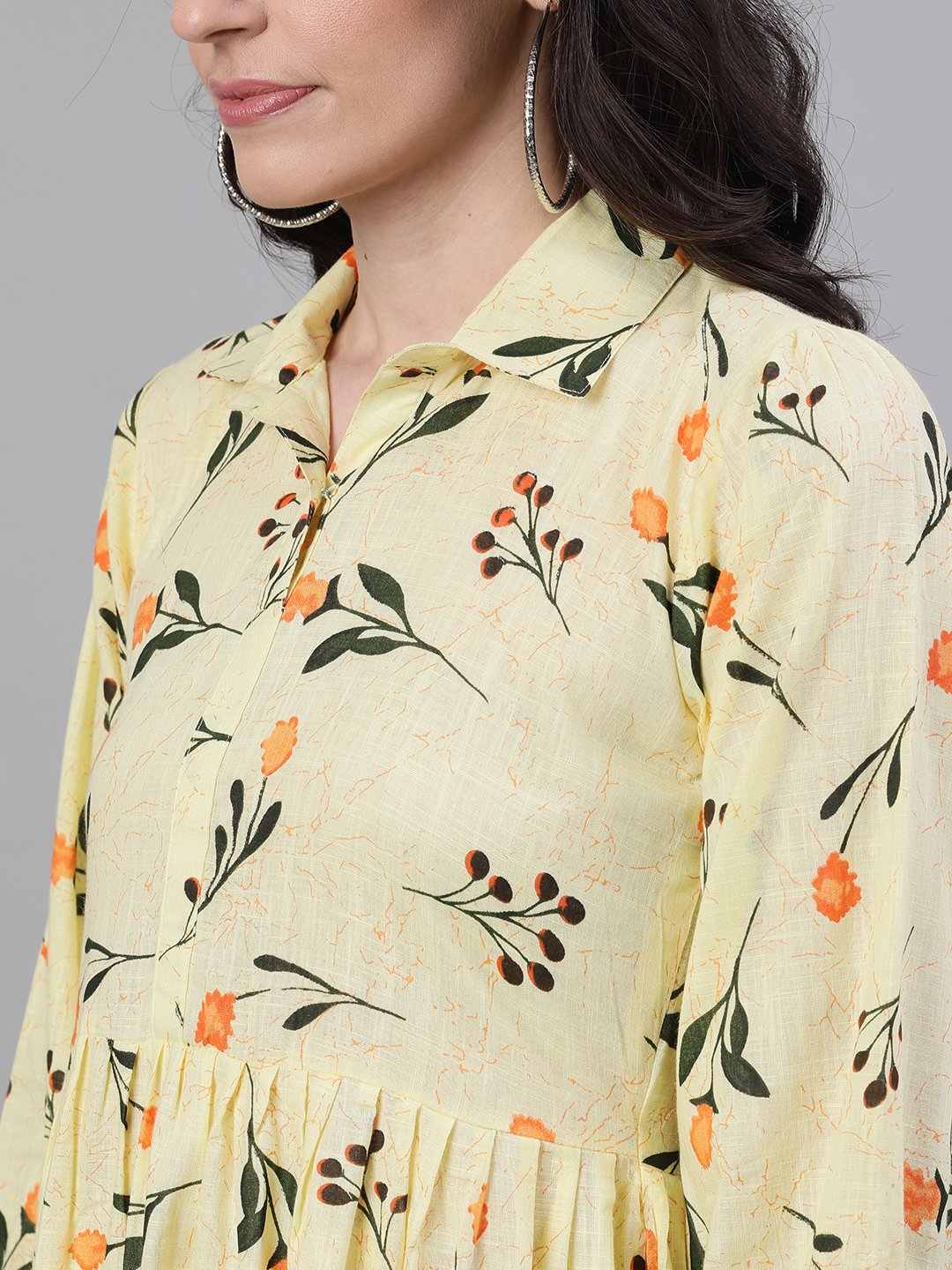 Women Yellow Floral Printed Shirt Collar Cotton A-Line Dress | LASVINI - Redefining Indian Fashion with Elegance