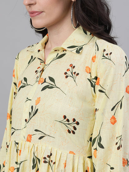 Women Yellow Floral Printed Shirt Collar Cotton A-Line Dress | LASVINI - Redefining Indian Fashion with Elegance