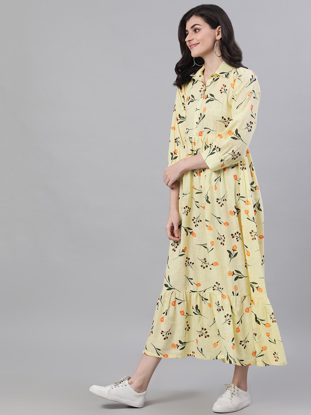 Women Yellow Floral Printed Shirt Collar Cotton A-Line Dress | LASVINI - Redefining Indian Fashion with Elegance