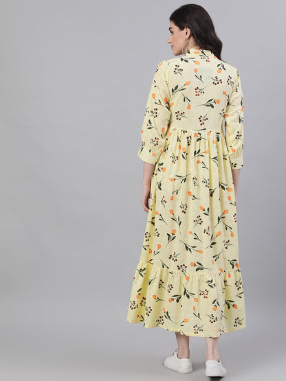 Women Yellow Floral Printed Shirt Collar Cotton A-Line Dress | LASVINI - Redefining Indian Fashion with Elegance