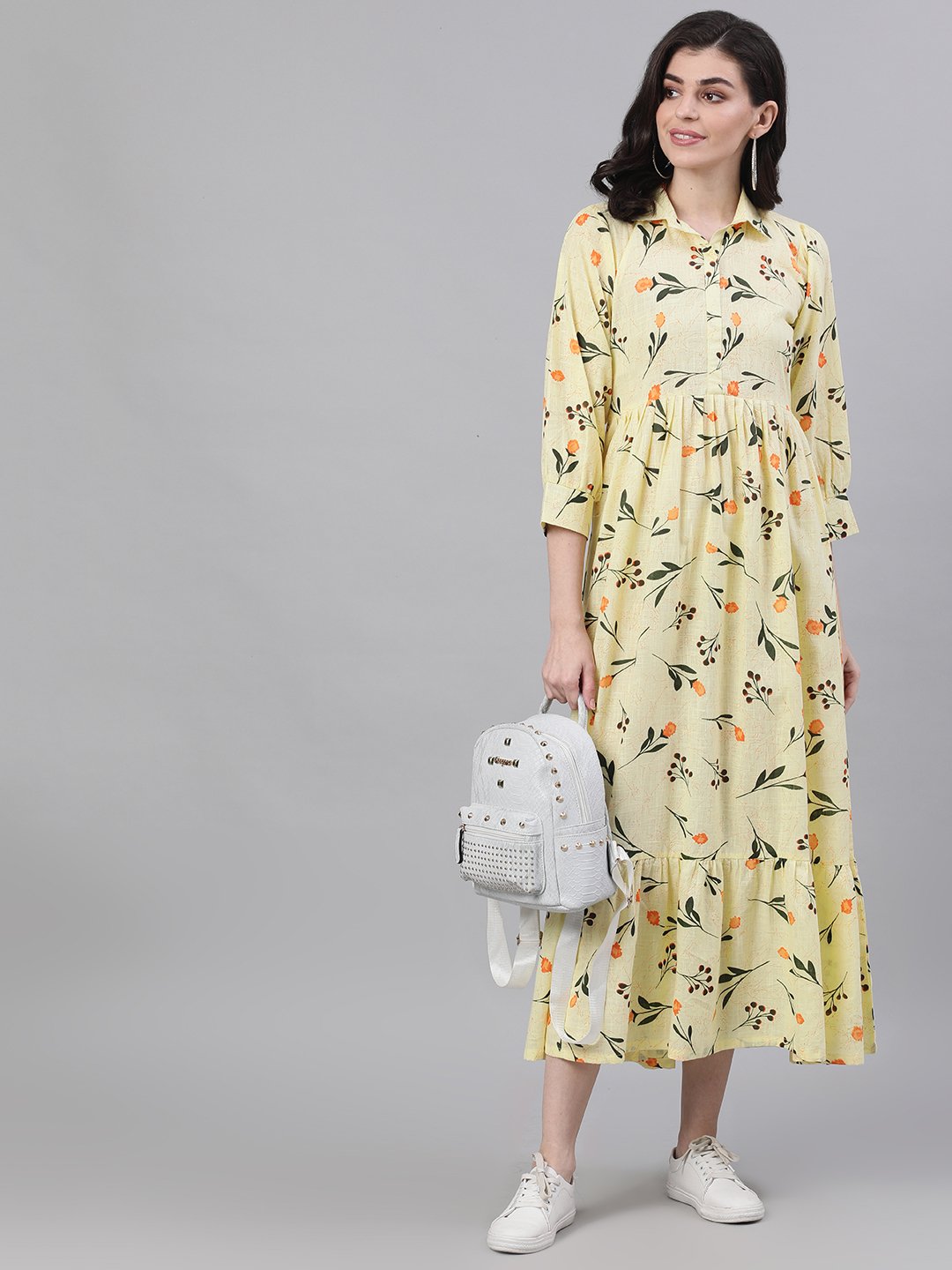 Women Yellow Floral Printed Shirt Collar Cotton A-Line Dress | LASVINI - Redefining Indian Fashion with Elegance