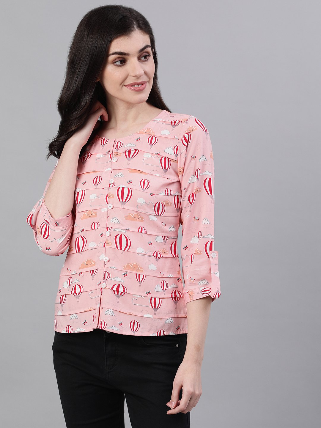 Women Peach Three-Quarter Sleeves Gathered Or Pleated Top | LASVINI - Redefining Indian Fashion with Elegance