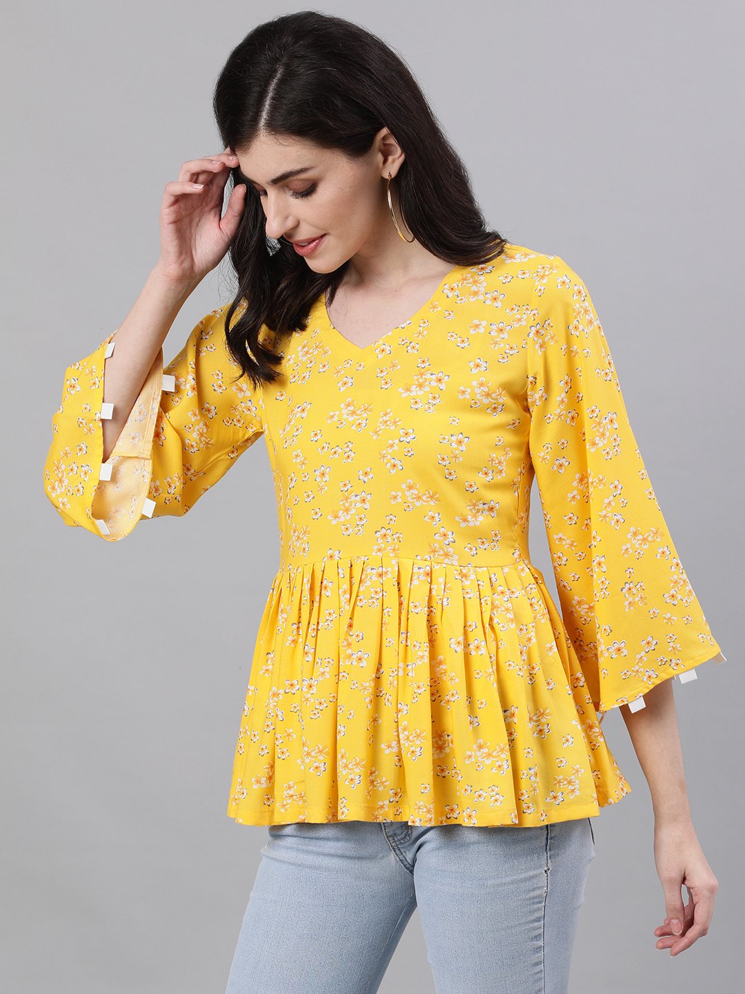 Women Yellow Three-Quarter Sleeves Gathered Or Pleated Top | LASVINI - Redefining Indian Fashion with Elegance