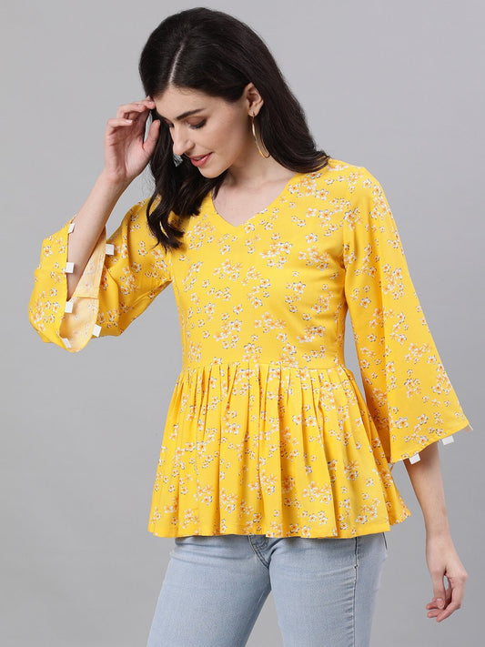 Women Yellow Three-Quarter Sleeves Gathered Or Pleated Top | LASVINI - Redefining Indian Fashion with Elegance