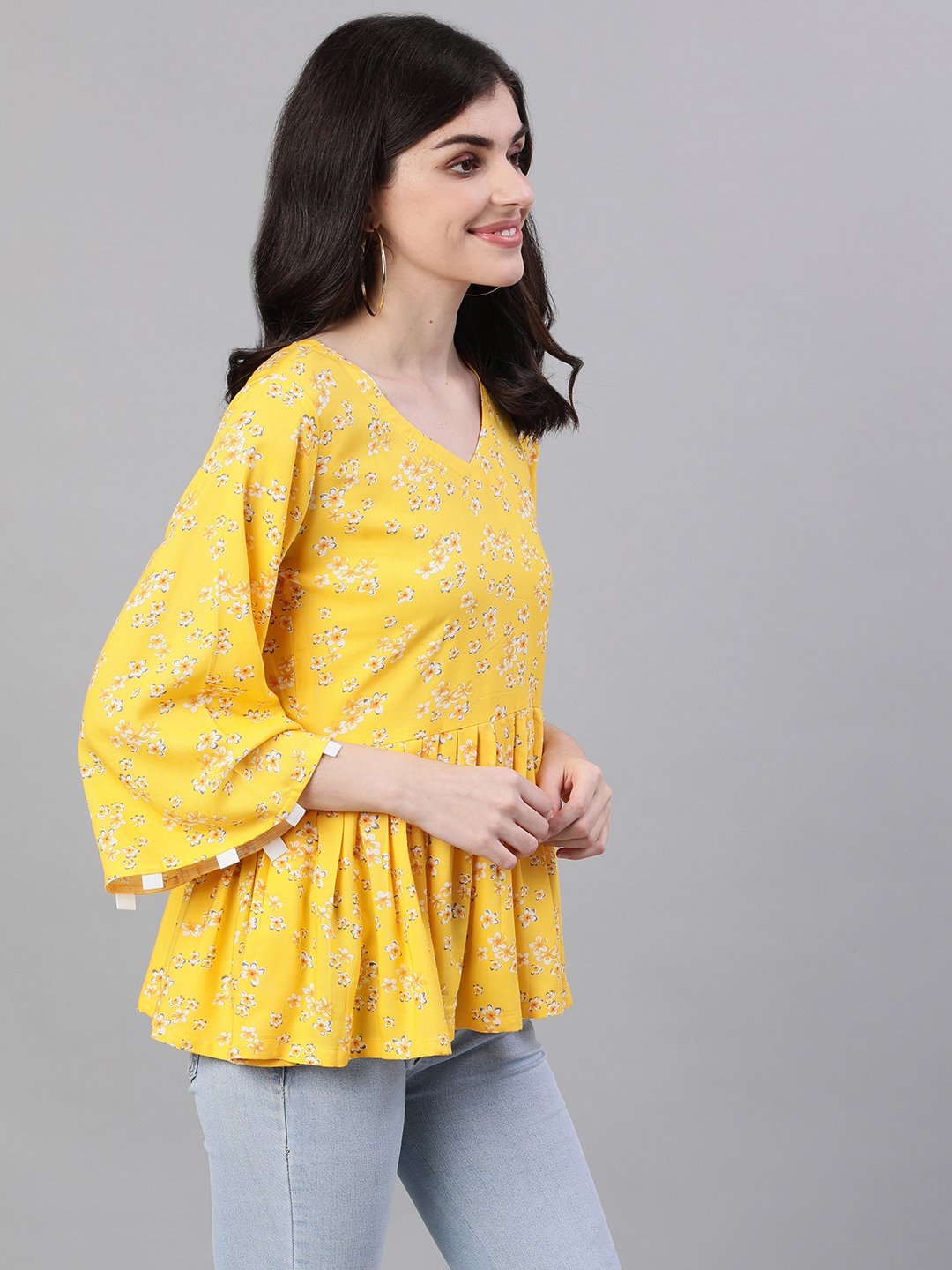 Women Yellow Three-Quarter Sleeves Gathered Or Pleated Top | LASVINI - Redefining Indian Fashion with Elegance