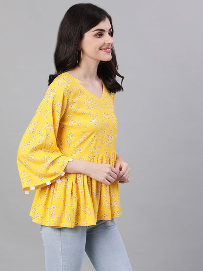 Women Yellow Three-Quarter Sleeves Gathered Or Pleated Top | LASVINI - Redefining Indian Fashion with Elegance