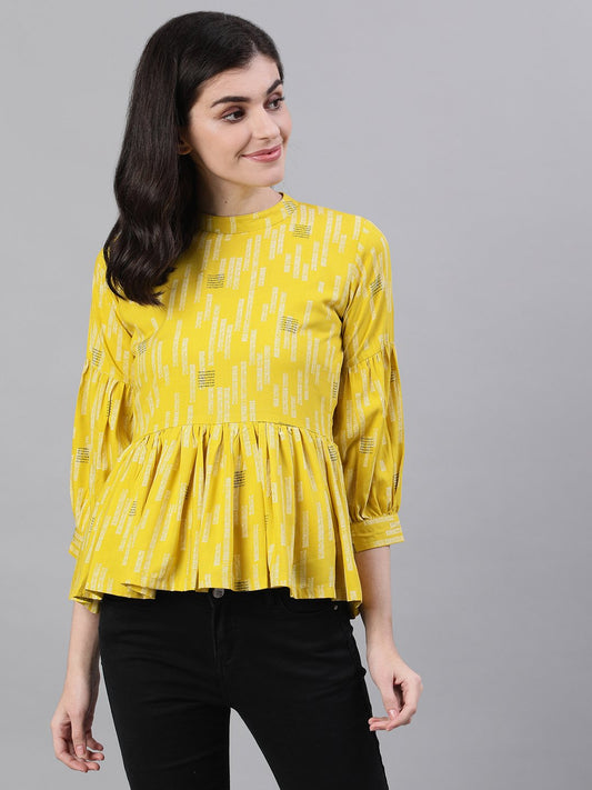 Women Yellow Three-Quarter Sleeves Gathered Or Pleated Top | LASVINI - Redefining Indian Fashion with Elegance