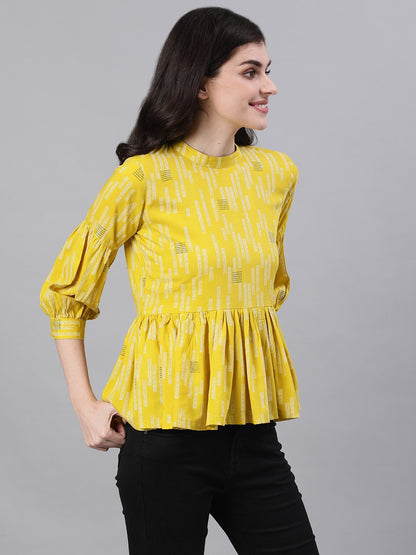 Women Yellow Three-Quarter Sleeves Gathered Or Pleated Top | LASVINI - Redefining Indian Fashion with Elegance