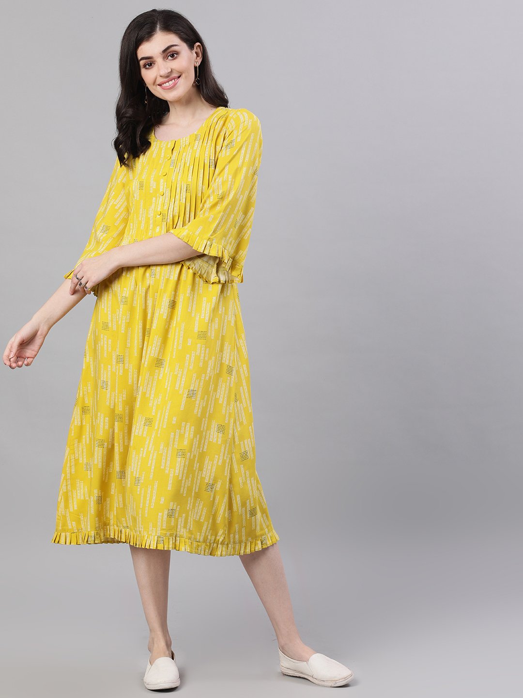 Women Yellow Conversational Printed Round Neck Viscose Rayon A-Line Dress | LASVINI - Redefining Indian Fashion with Elegance