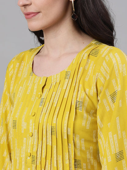 Women Yellow Conversational Printed Round Neck Viscose Rayon A-Line Dress | LASVINI - Redefining Indian Fashion with Elegance