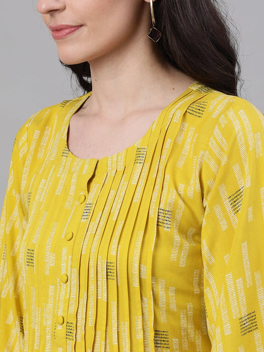 Women Yellow Conversational Printed Round Neck Viscose Rayon A-Line Dress | LASVINI - Redefining Indian Fashion with Elegance