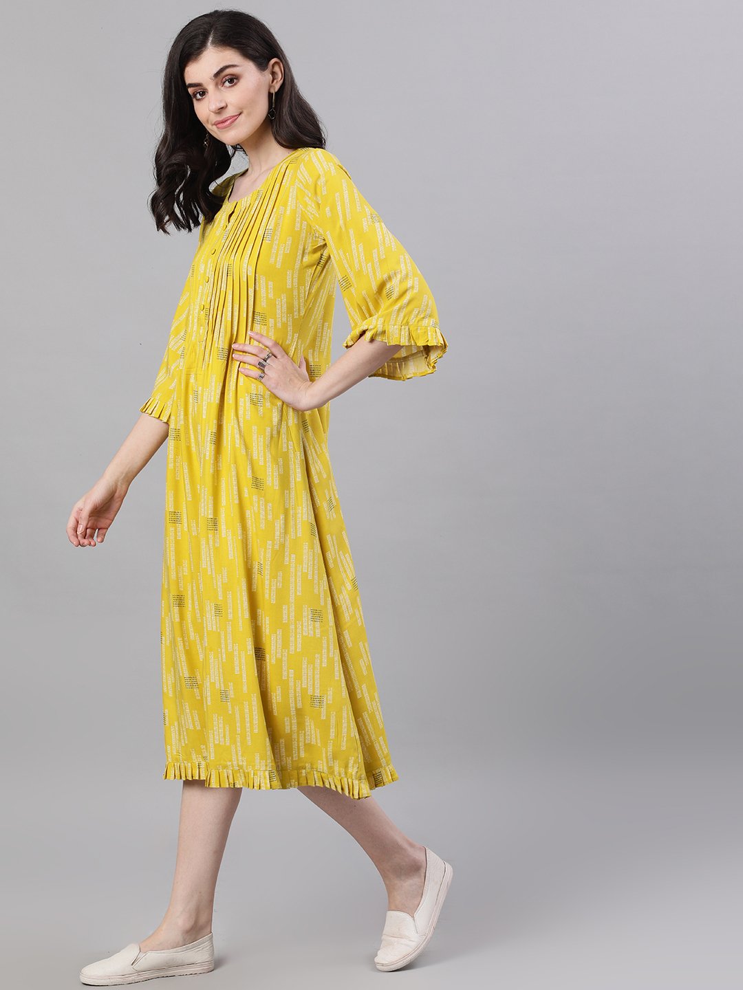 Women Yellow Conversational Printed Round Neck Viscose Rayon A-Line Dress | LASVINI - Redefining Indian Fashion with Elegance