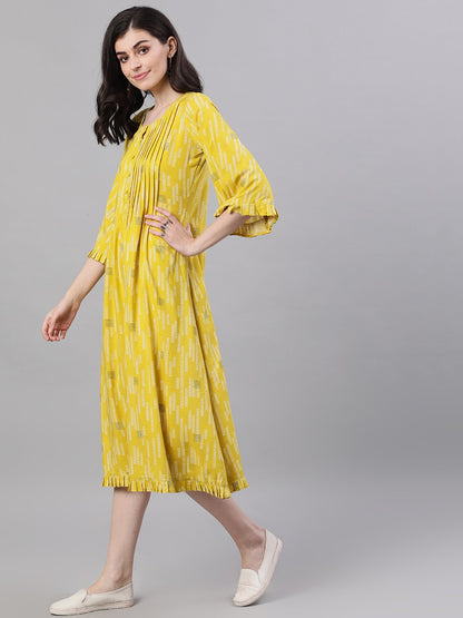 Women Yellow Conversational Printed Round Neck Viscose Rayon A-Line Dress | LASVINI - Redefining Indian Fashion with Elegance