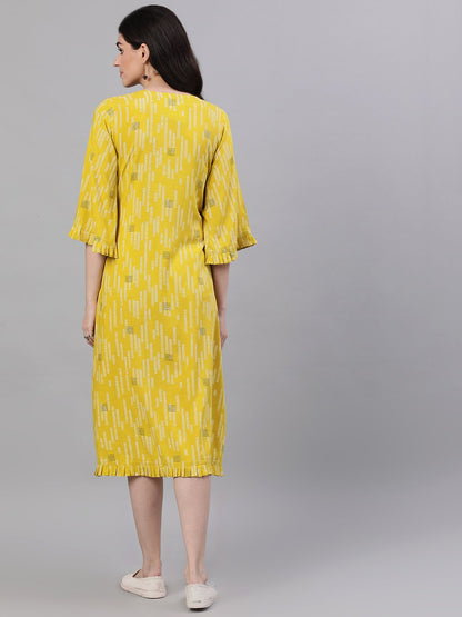 Women Yellow Conversational Printed Round Neck Viscose Rayon A-Line Dress | LASVINI - Redefining Indian Fashion with Elegance