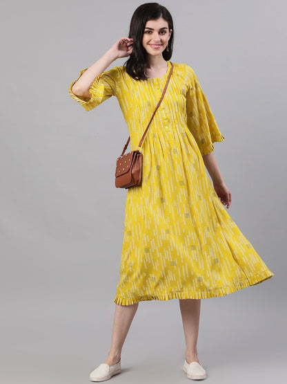 Women Yellow Conversational Printed Round Neck Viscose Rayon A-Line Dress | LASVINI - Redefining Indian Fashion with Elegance