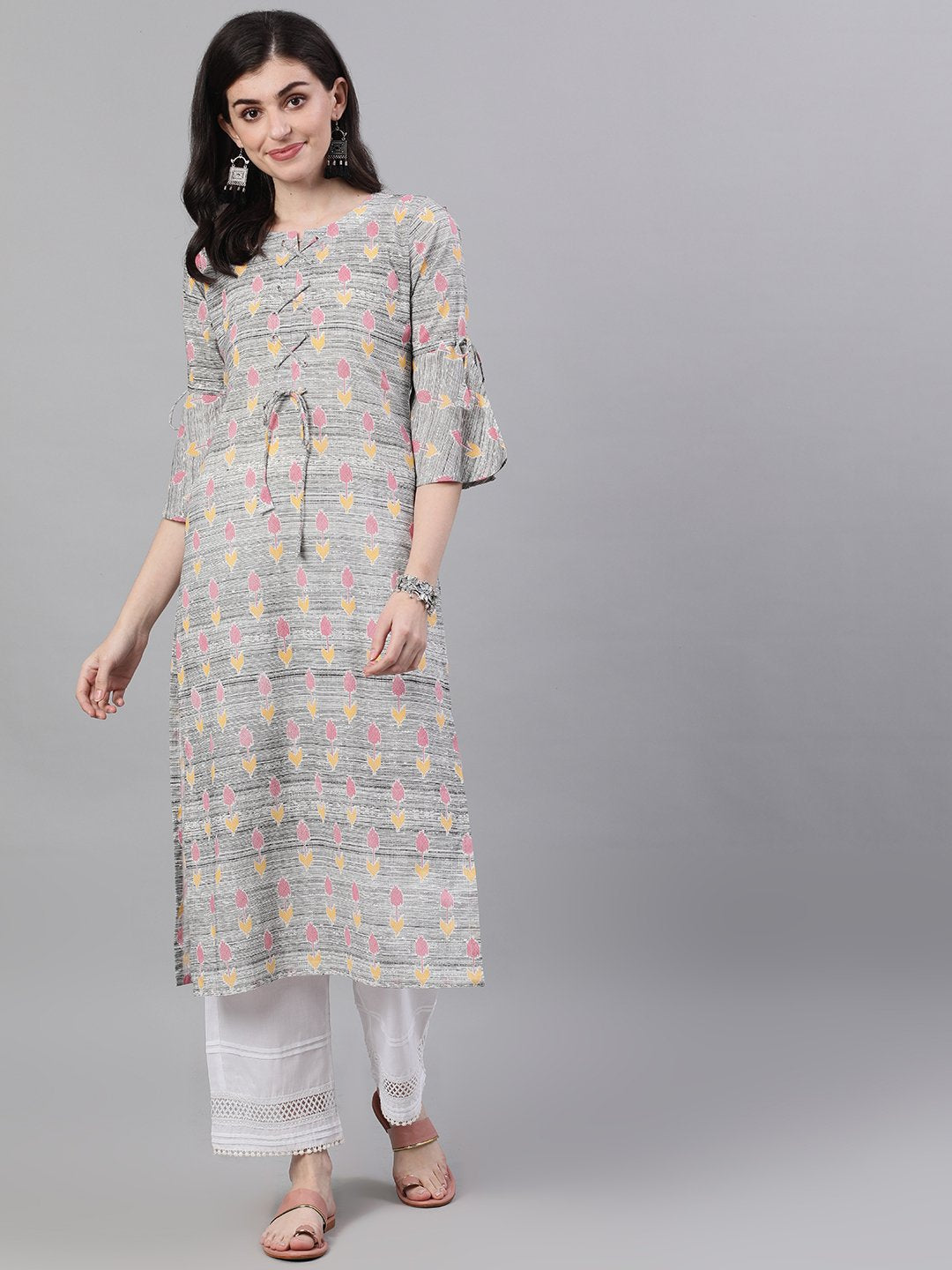 Women Grey Ethnic Motifs Printed V-Neck Cotton A-Line Dress | LASVINI - Redefining Indian Fashion with Elegance