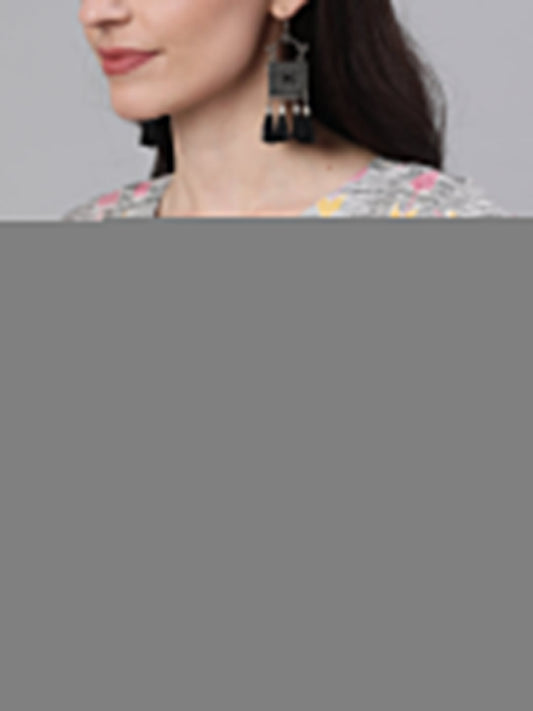 Women Grey Ethnic Motifs Printed V-Neck Cotton A-Line Dress | LASVINI - Redefining Indian Fashion with Elegance