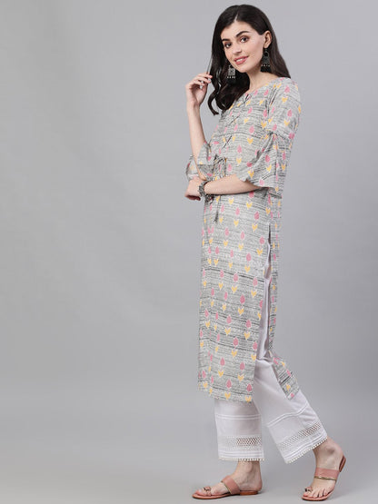 Women Grey Ethnic Motifs Printed V-Neck Cotton A-Line Dress | LASVINI - Redefining Indian Fashion with Elegance