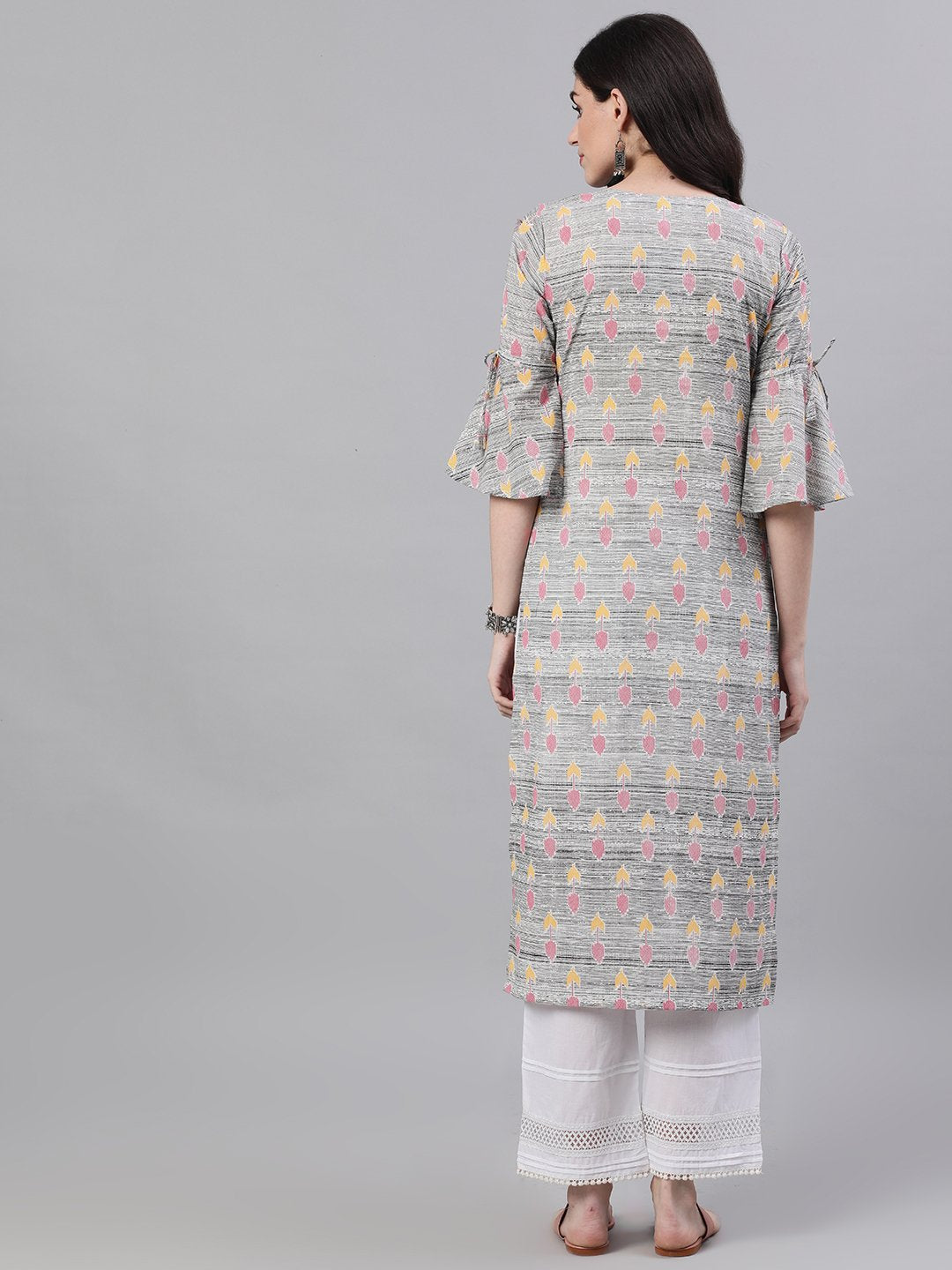 Women Grey Ethnic Motifs Printed V-Neck Cotton A-Line Dress | LASVINI - Redefining Indian Fashion with Elegance