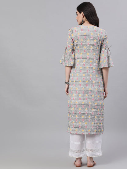 Women Grey Ethnic Motifs Printed V-Neck Cotton A-Line Dress | LASVINI - Redefining Indian Fashion with Elegance
