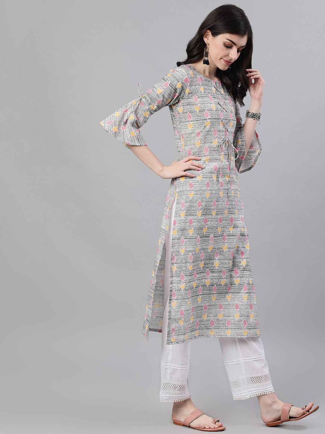 Women Grey Ethnic Motifs Printed V-Neck Cotton A-Line Dress | LASVINI - Redefining Indian Fashion with Elegance