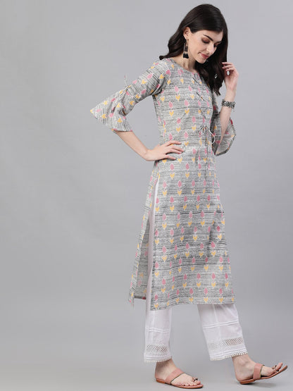 Women Grey Ethnic Motifs Printed V-Neck Cotton A-Line Dress | LASVINI - Redefining Indian Fashion with Elegance