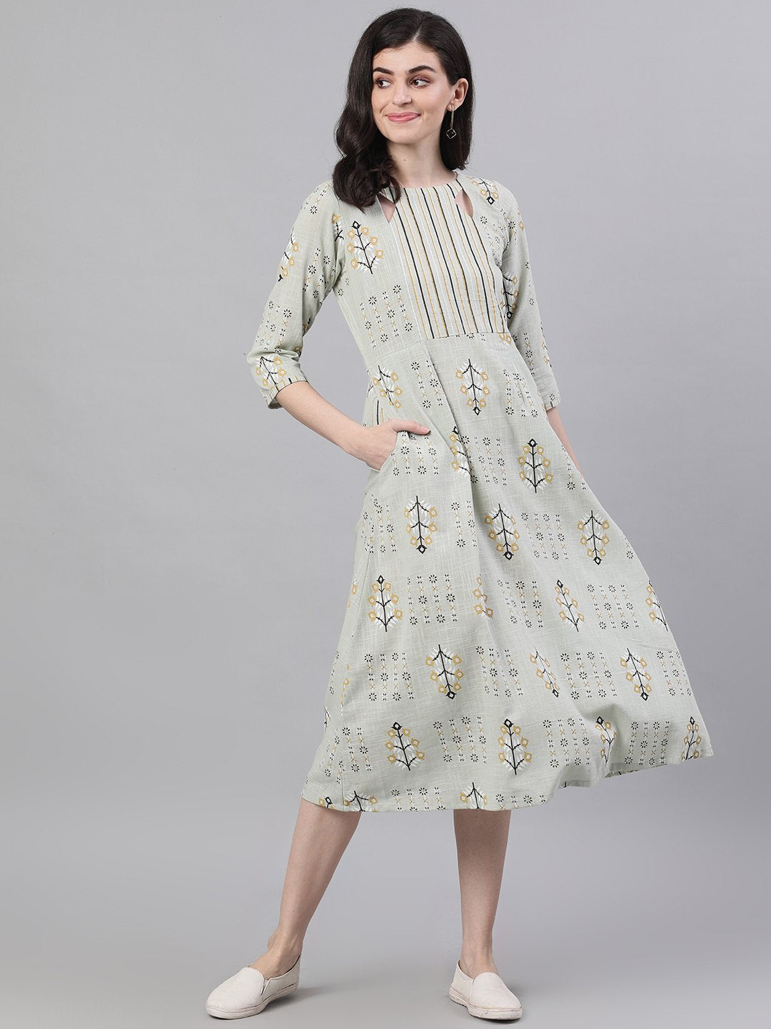 Women Sage Green Floral Printed Boat Neck Cotton A-Line Dress | LASVINI - Redefining Indian Fashion with Elegance