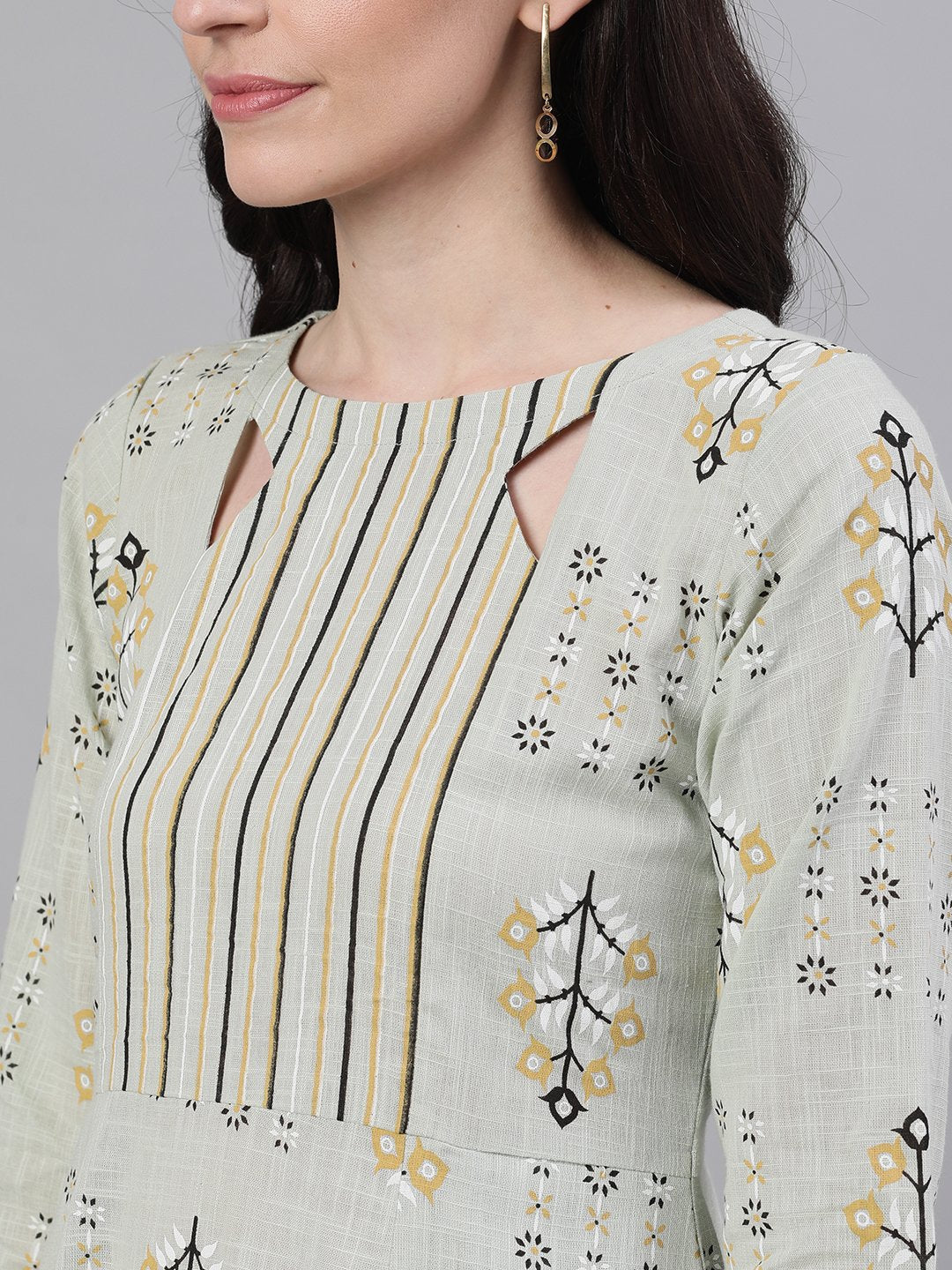 Women Sage Green Floral Printed Boat Neck Cotton A-Line Dress | LASVINI - Redefining Indian Fashion with Elegance