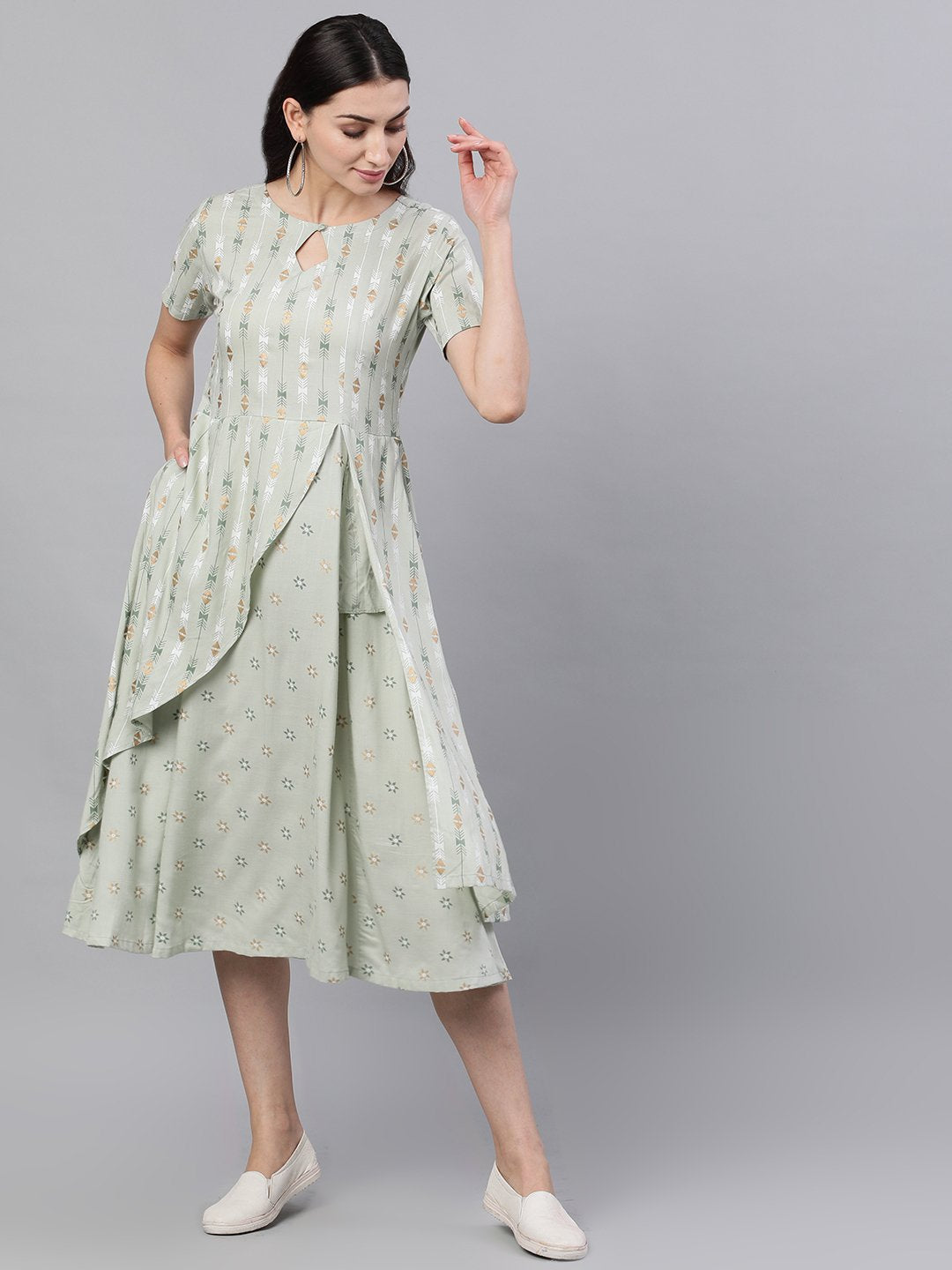 Women Sage Green Geometric Printed Keyhole Neck Viscose Rayon Fit And Flare Dress | LASVINI - Redefining Indian Fashion with Elegance