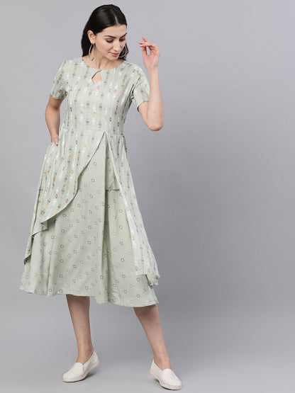 Women Sage Green Geometric Printed Keyhole Neck Viscose Rayon Fit And Flare Dress | LASVINI - Redefining Indian Fashion with Elegance