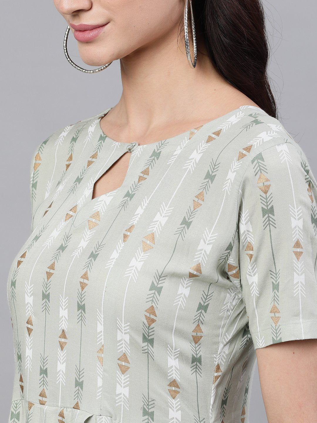 Women Sage Green Geometric Printed Keyhole Neck Viscose Rayon Fit And Flare Dress | LASVINI - Redefining Indian Fashion with Elegance