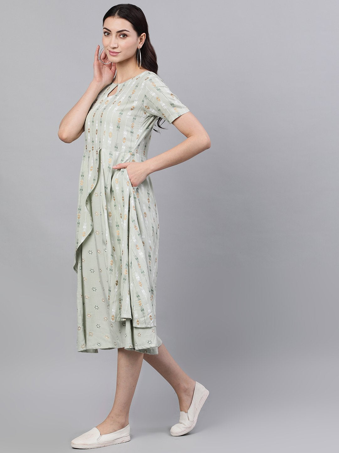Women Sage Green Geometric Printed Keyhole Neck Viscose Rayon Fit And Flare Dress | LASVINI - Redefining Indian Fashion with Elegance