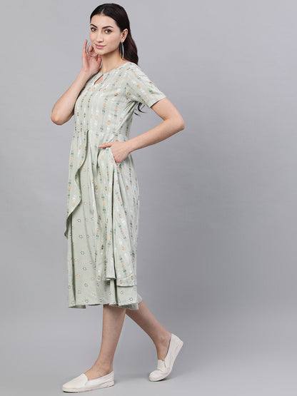Women Sage Green Geometric Printed Keyhole Neck Viscose Rayon Fit And Flare Dress | LASVINI - Redefining Indian Fashion with Elegance