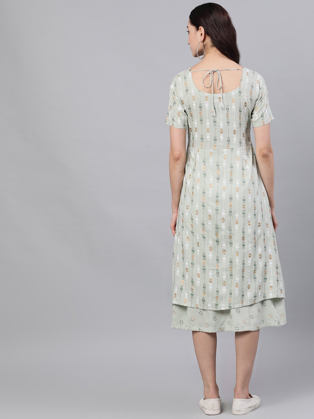 Women Sage Green Geometric Printed Keyhole Neck Viscose Rayon Fit And Flare Dress | LASVINI - Redefining Indian Fashion with Elegance