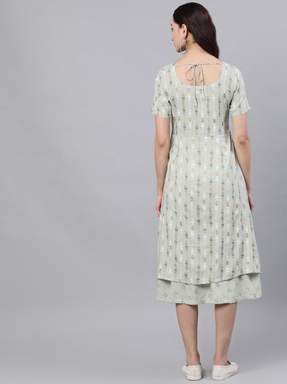 Women Sage Green Geometric Printed Keyhole Neck Viscose Rayon Fit And Flare Dress | LASVINI - Redefining Indian Fashion with Elegance