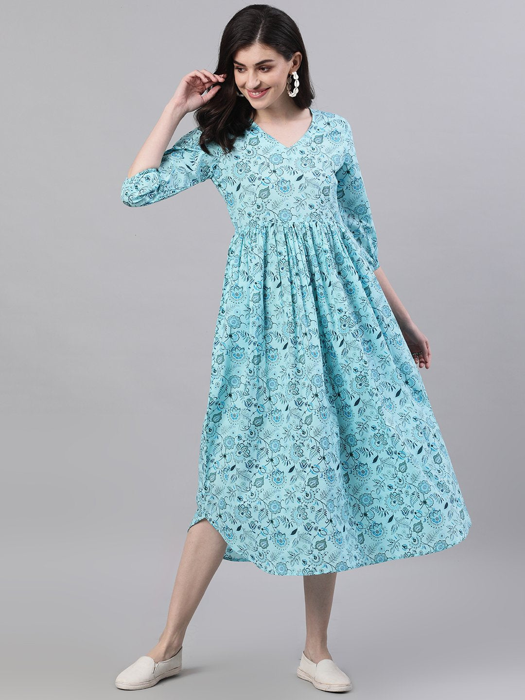Women Blue Floral Printed V-Neck Cotton Fit And Flare Dress | LASVINI - Redefining Indian Fashion with Elegance
