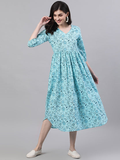 Women Blue Floral Printed V-Neck Cotton Fit And Flare Dress | LASVINI - Redefining Indian Fashion with Elegance
