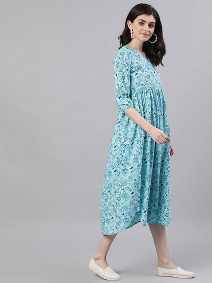 Women Blue Floral Printed V-Neck Cotton Fit And Flare Dress | LASVINI - Redefining Indian Fashion with Elegance