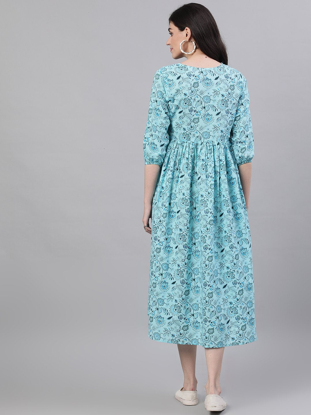 Women Blue Floral Printed V-Neck Cotton Fit And Flare Dress | LASVINI - Redefining Indian Fashion with Elegance