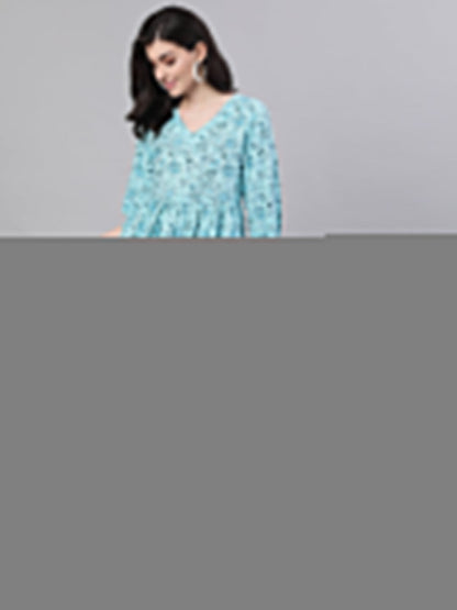 Women Blue Floral Printed V-Neck Cotton Fit And Flare Dress | LASVINI - Redefining Indian Fashion with Elegance